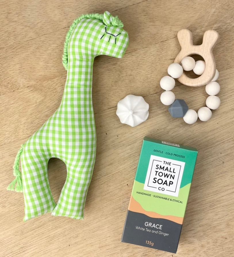 Eco-friendly newborn gift box set toy and teether small town soap co adelaide gift delivery