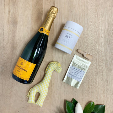 Veuve Clicquot French Champagne, baby giraffe, natural tea and facial mask - Luxury Baby Gifts