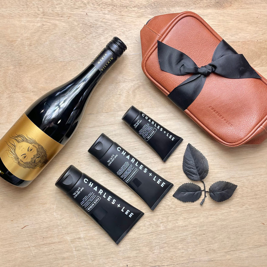 Men's gift set - Charles + lee skincare and Hentley Farm red wine gift delivery Adelaide