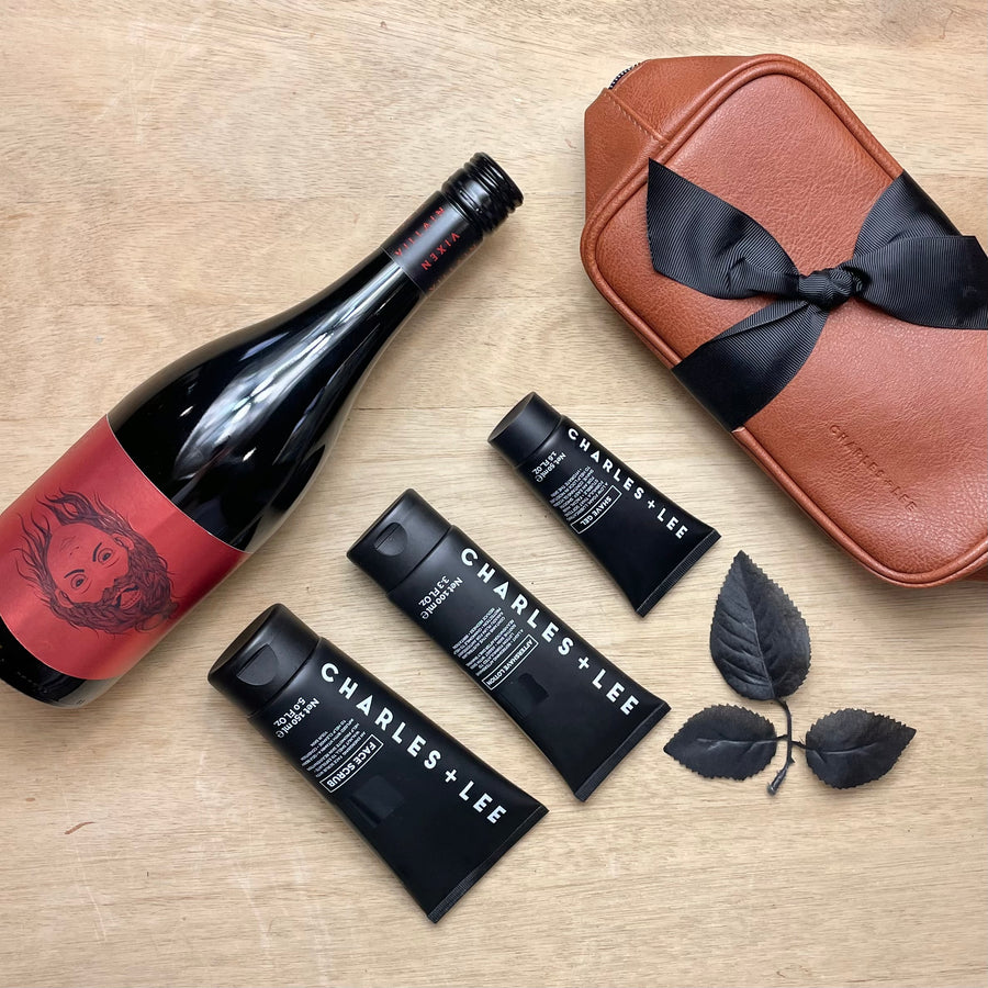 Male Christmas gift delivery - red wine and skincare gift set