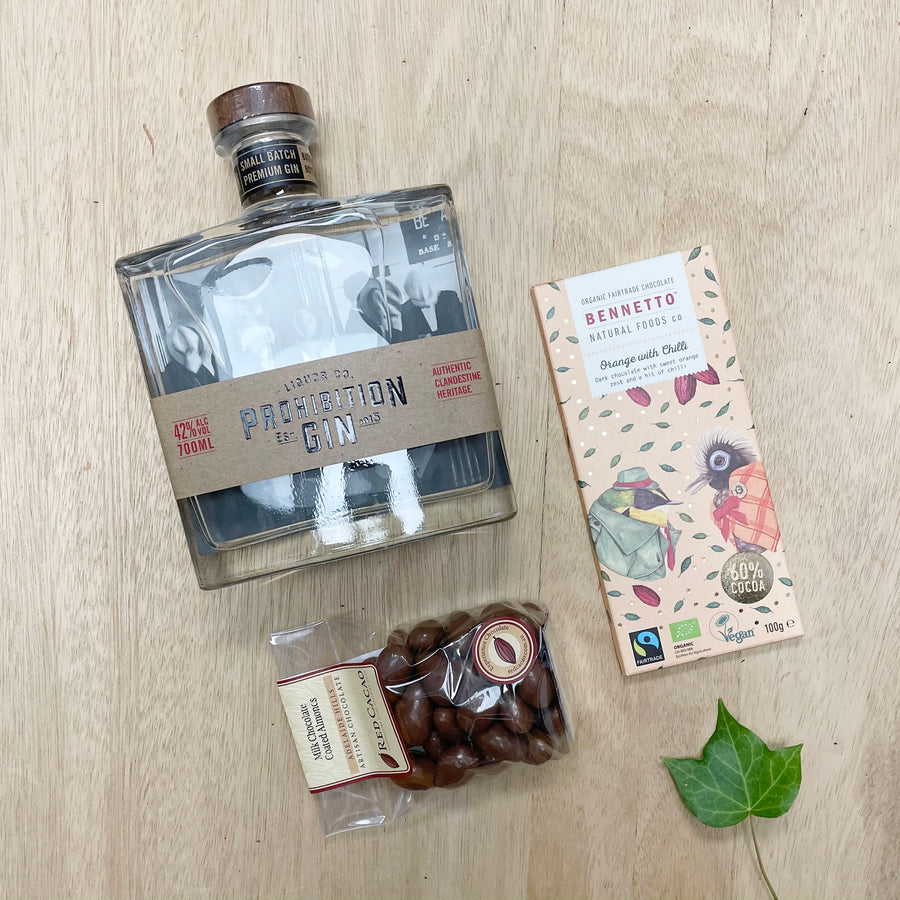 Prohibition Gin 700 ml, Chocolate Almonds and Bennetto Chocolate tile - Gin Gifts Aelaide